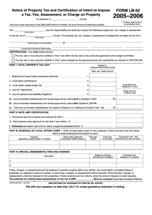 Fillable Form Lb-50 - Notice Of Property Tax And Certification Of Intent To Impose A Tax, Fee, Assessment, Or Charge On Property - 2005-2006 Printable pdf