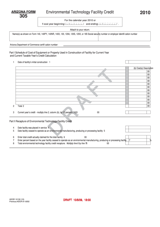 Arizona Form 305 Draft - Environmental Technology Facility Credit - 2010 Printable pdf