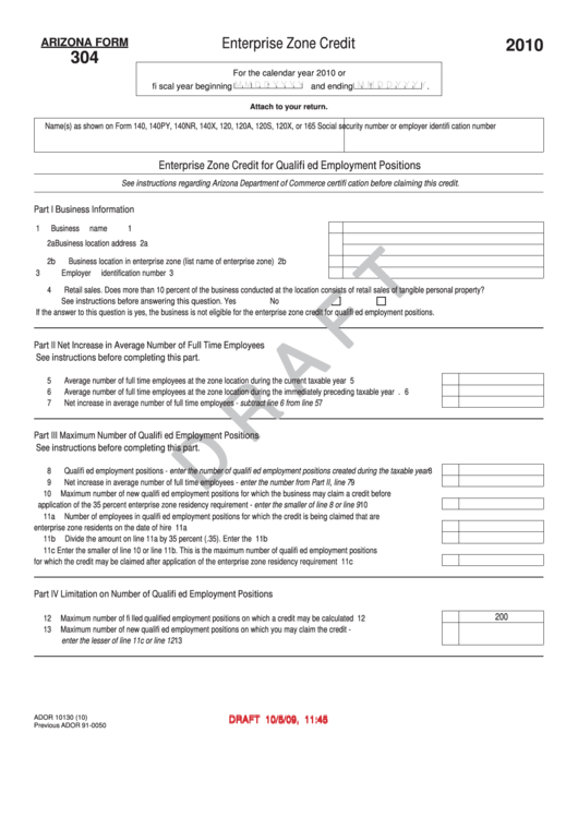 Arizona Form 304 Draft - Enterprise Zone Credit - 2010 Printable pdf