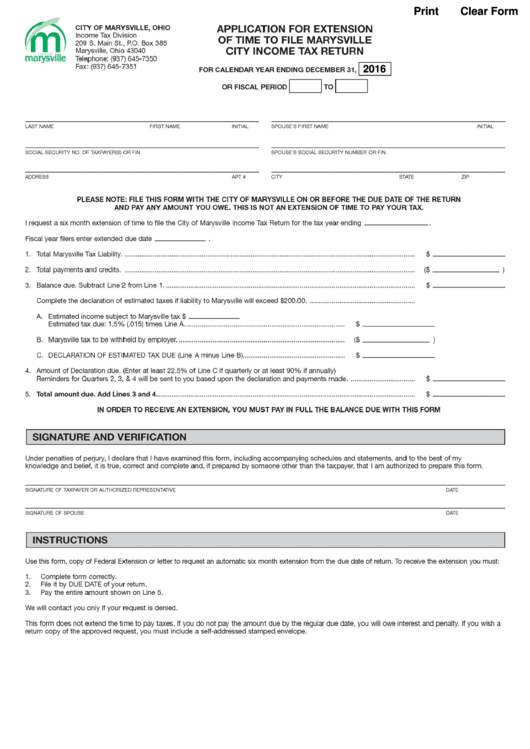 Fillable Application For Extension Of Time To File Marysville City