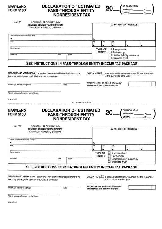 Form 510d - Declaration Of Estimated Pass-Through Entity Nonresident Tax - Maryland Revenue Administration Division Printable pdf