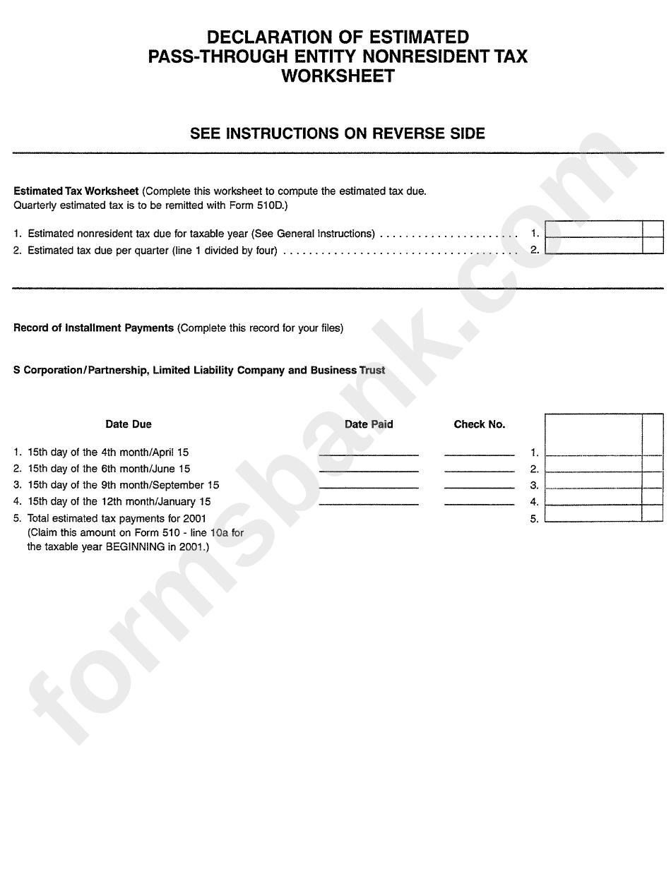 Form 510d - Declaration Of Estimated Pass-Through Entity Nonresident Tax - Maryland Revenue Administration Division