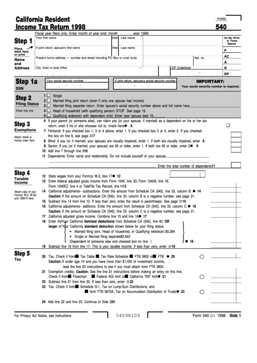 Form 540 - California Resident Income Tax Return - 1998 Printable pdf