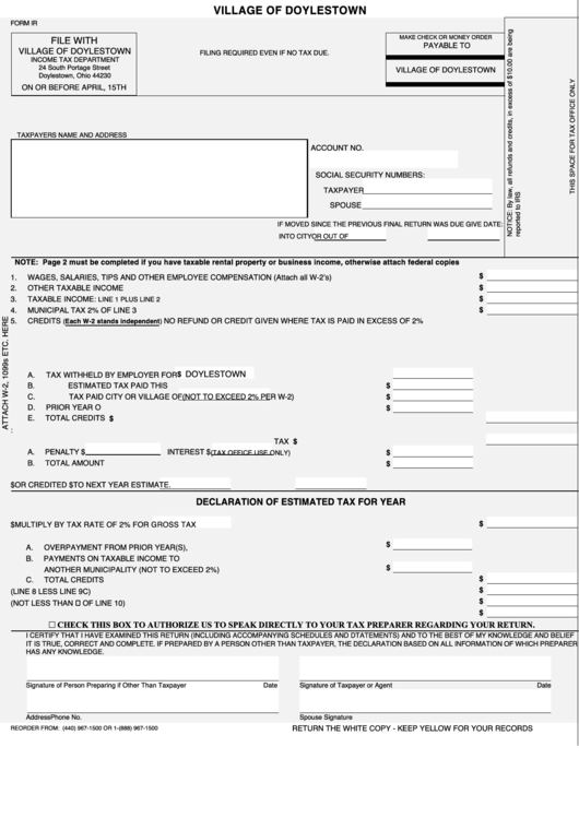 Download Fillable Form Ir - Village Of Doylestown Income Tax Form printable pdf download
