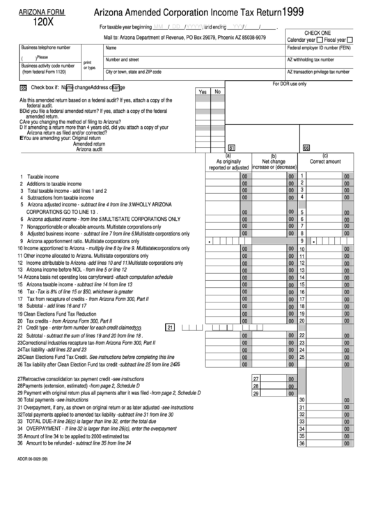 Arizona Form 120x Amended Corporation Income Tax Return