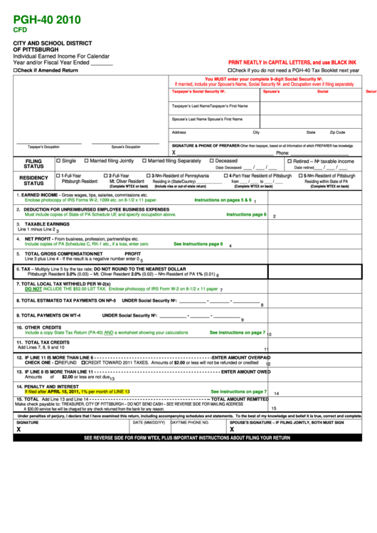 Form Pgh-40 - Individual Earned Income - City And School District Of Pittsburgh - 2010 Printable pdf