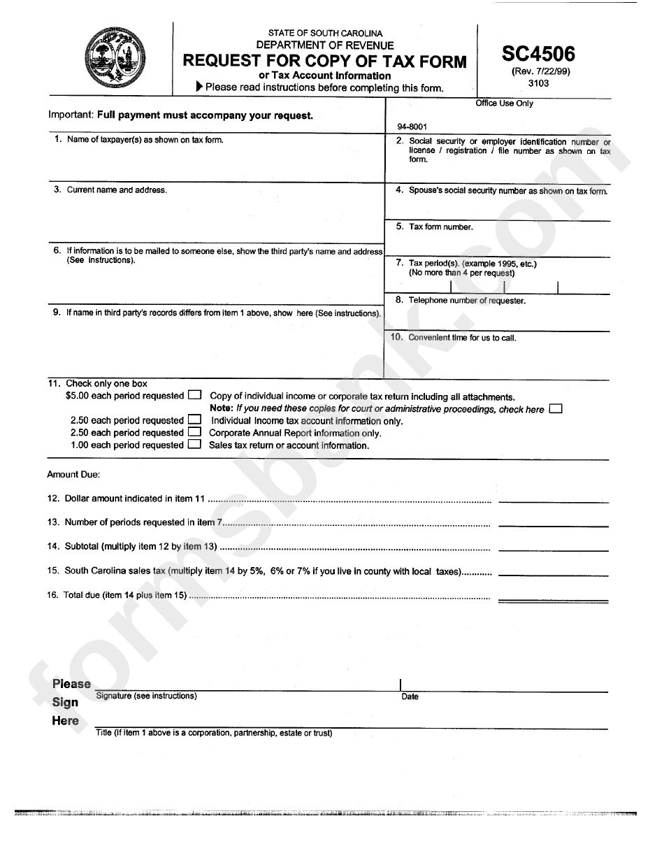 Form Sc4506 - Request For Copy Of Tax Form