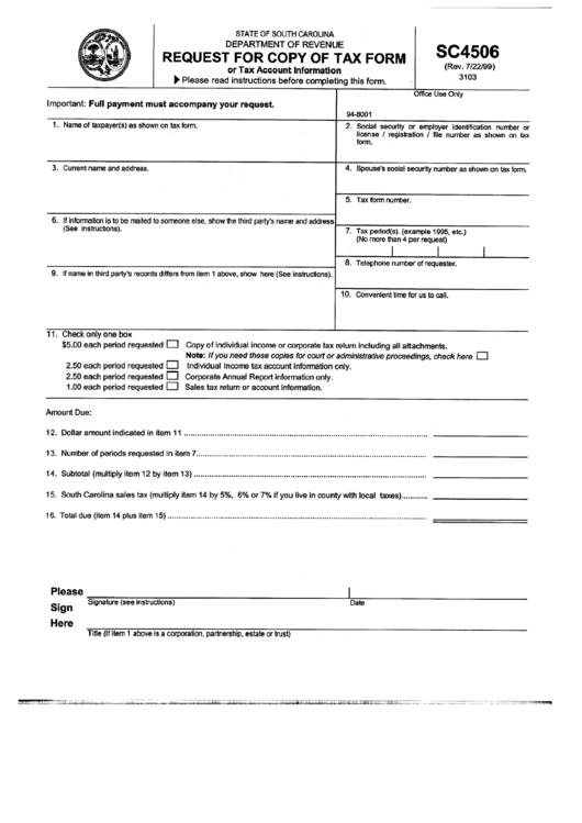 Form Sc4506 - Request For Copy Of Tax Form Printable pdf
