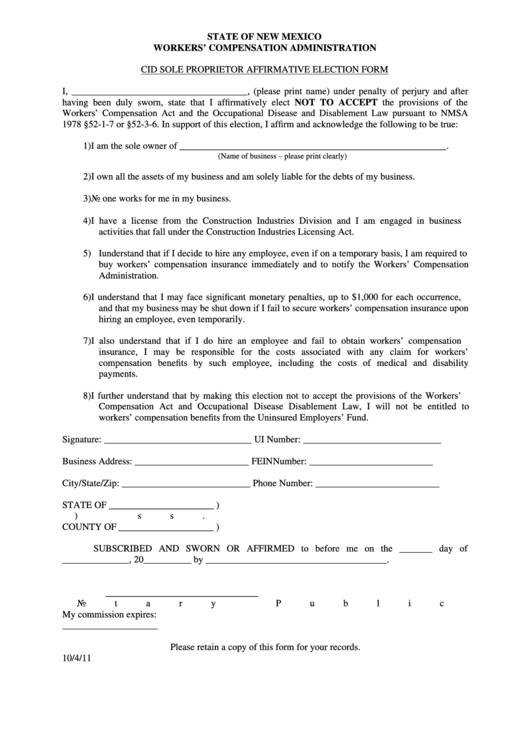 Cid Sole Proprietor Affirmative Election Form - New Mexico Workers