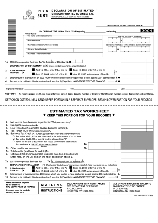 Fillable Form Nyc-5ubti - Declaration Of Estimated Unincorporated Business Tax - 2004 Printable pdf