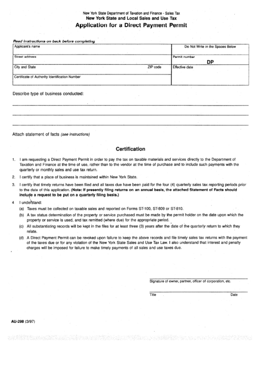 Form Au-298 - Application For A Direct Payment Permit - New York Department Of Taxation And Finance Printable pdf