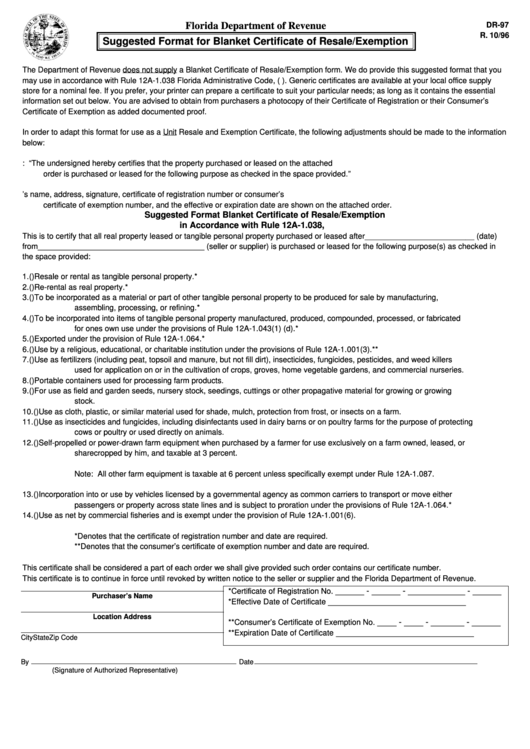 Fillable Form Dr-97 - Suggested Format For Blanket Certificate Of Resale/exemption Printable pdf