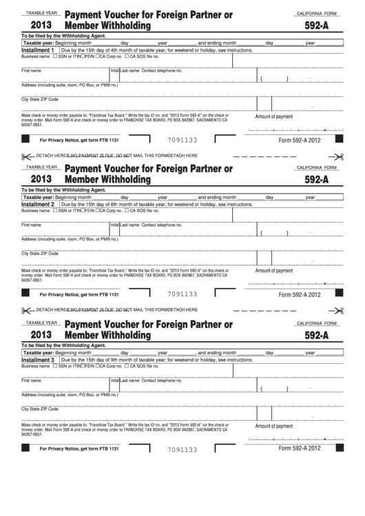 Fillable Californiaform 592-A - Payment Voucher For Foreign Partner Or Member Withholding - 2013 Printable pdf