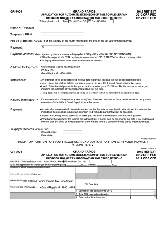 Form Gr-7004 - Application For Automatic Extension Of Time To File Certain Business Income Tax, Information And Other Returns Printable pdf