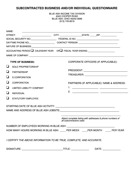 Subcontracted Business And/or Individual Questionnaire Form - Blue Ash Income Tax Division Printable pdf