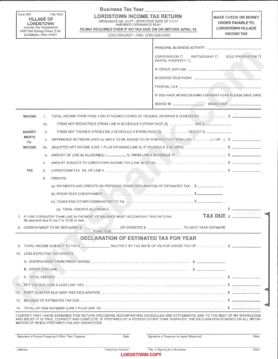 Form Br - Lordstown Income Tax Return - Village Of Lordstown Income Tax Department
