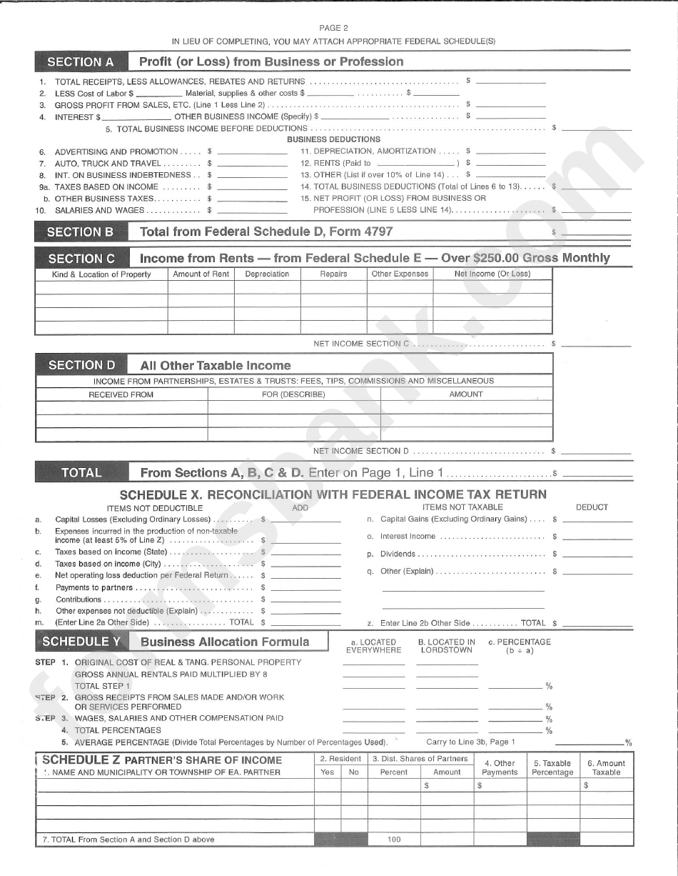 Form Br - Lordstown Income Tax Return - Village Of Lordstown Income Tax Department