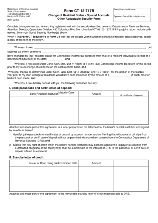 Form Ct-12-717b - Change Of Resident Status - Special Accruals Other Acceptable Security Form Printable pdf