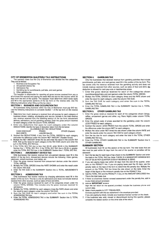 City Of Bremerton Quarterly Tax Instructions Printable pdf