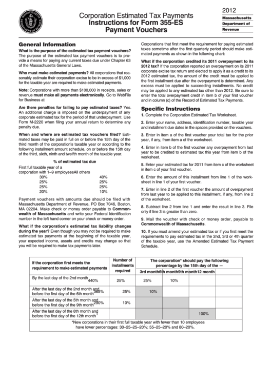 Corporation Estimated Tax Payments Instructions For Form 355-Es Payment Vouchers - 2012 Printable pdf