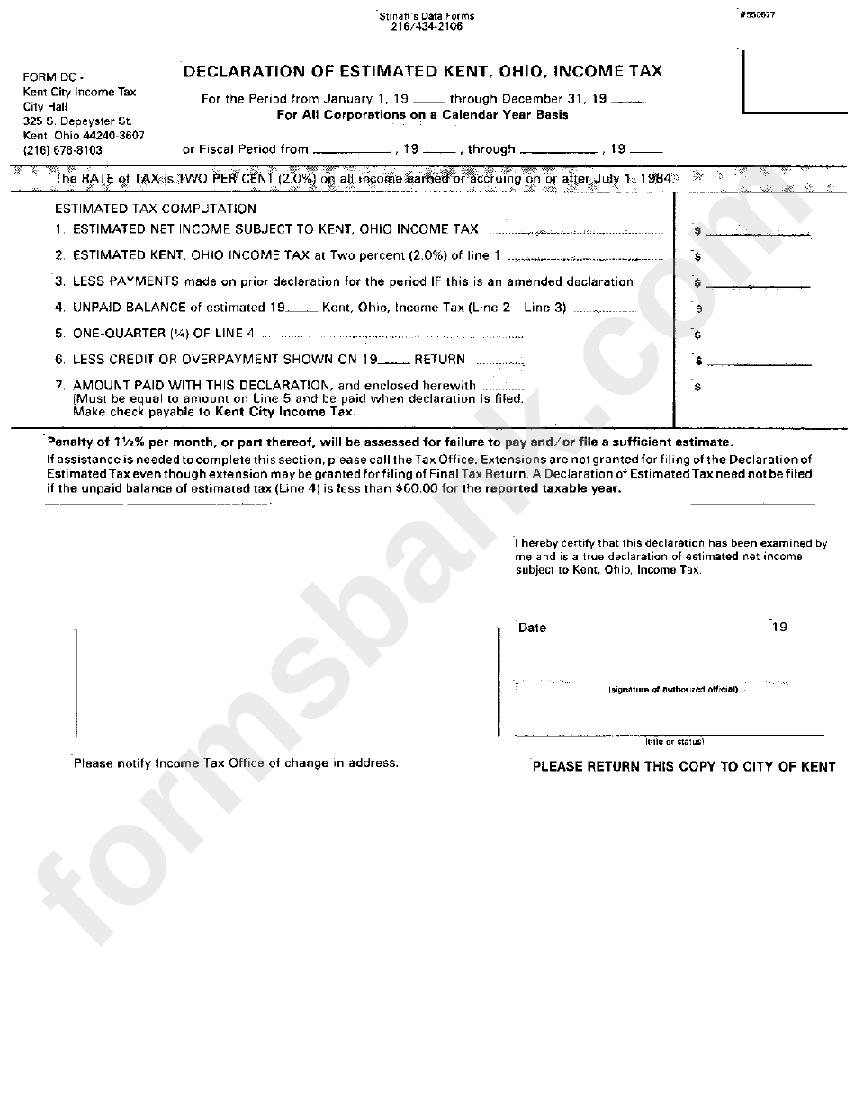 Form Dc Declaration Of Estimated Kent, Ohio, Tax printable pdf