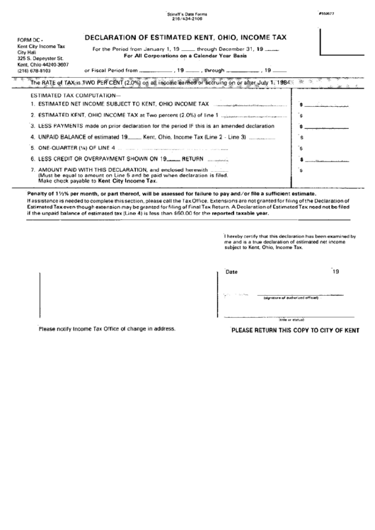 Form Dc Declaration Of Estimated Kent, Ohio, Tax printable pdf