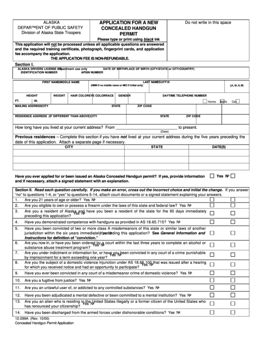 Form 12-299a - Application For A New Concealed Handgun Permit - Alaska Department Printable pdf