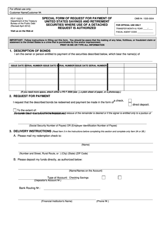 Fillable Form Pd F 1522 E - Special Form Of Request For Payment Of U.s. Savings And Retirement Securities Printable pdf