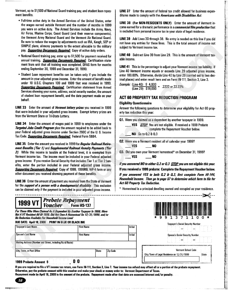 Form Hs-137 - Prebate Repayment Voucher 1999 - Vermont Department Of Taxes