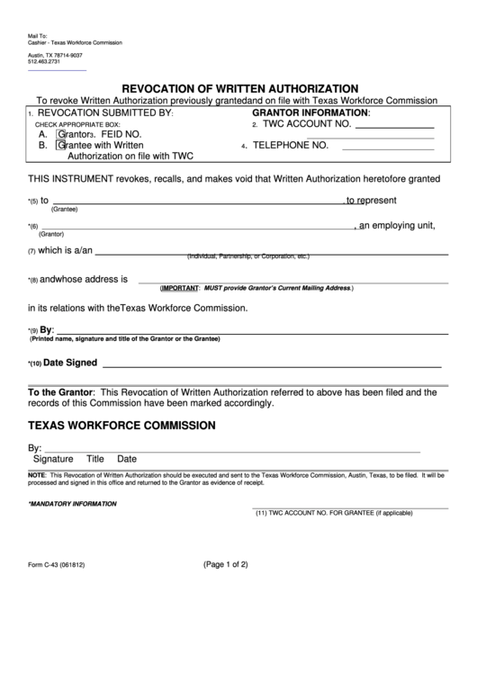 Fillable Form C-43 - Revocation Of Written Authorization Printable pdf