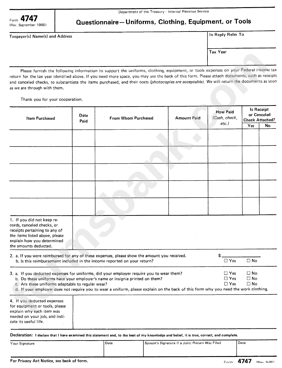 Form 4747 - Questionnaire - Uniforms, Clothing, Equipment, Or Tools