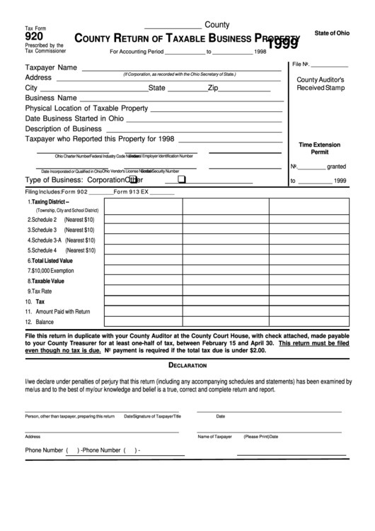Fillable Form 920 - County Return Of Taxable Business Property - 1999 Printable pdf