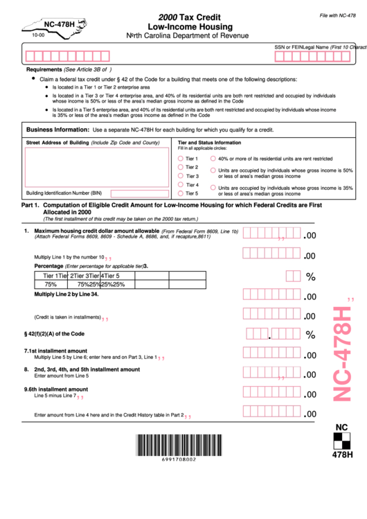 Form Nc-478h - 2000 Tax Credit Low-Income Housing Printable pdf