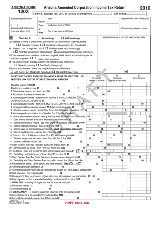 Arizona Form 120x Draft - Arizona Amended Corporation Income Tax Return - 2010 Printable pdf