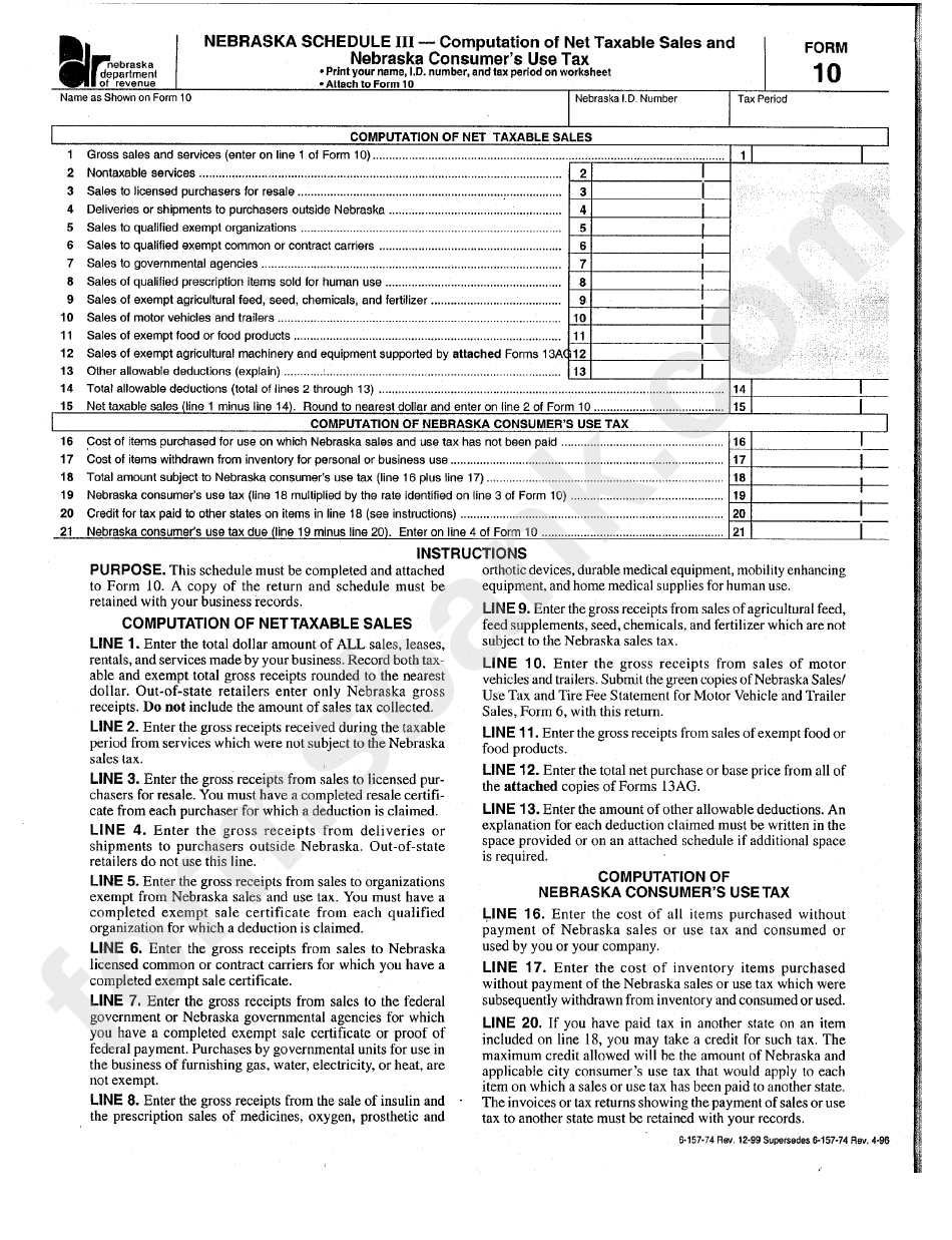 Form 10 - Nebraska Schedule 3 - Computation Of Net Taxable Sales And Nebraska Consumer
