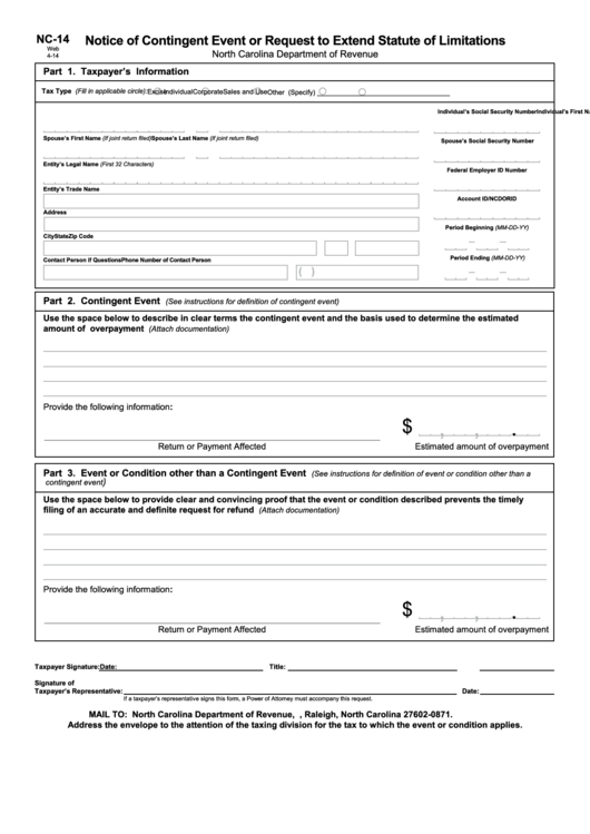 Form Nc-14 - Notice Of Contingent Event Or Request To Extend Statute Of Limitations - North Carolina Department Of Revenue Printable pdf