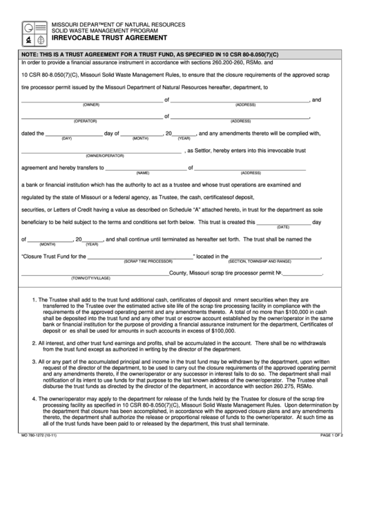 Fillable Form Mo 780-1272 - Irrevocable Trust Agreement - 2011 Printable pdf