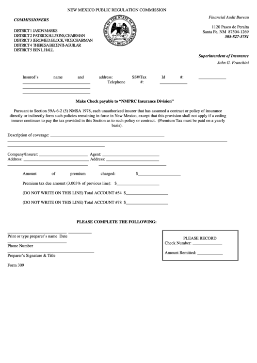 Fillable Form 309 - New Mexico Public Regulation Commission Printable pdf