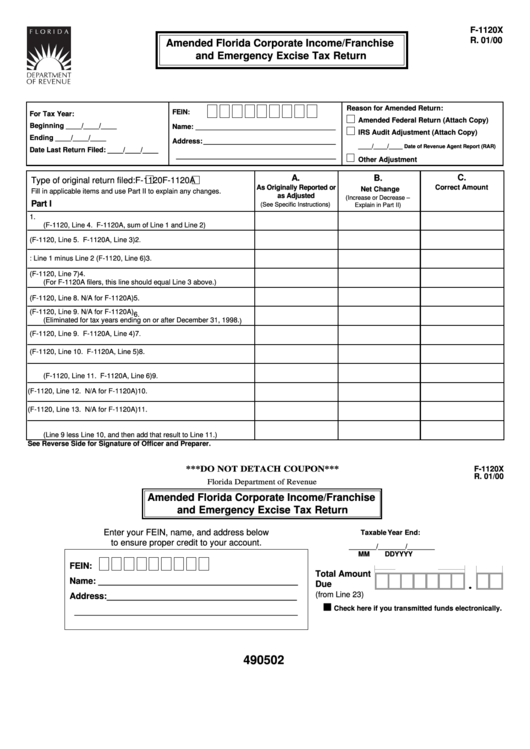 Form F-1120x - Amended Florida Corporate Income/franchise And Emergency Excise Tax Return Printable pdf