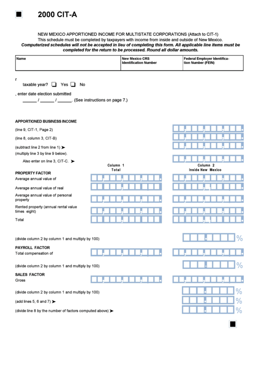 Form Cit - New Mexico Apportioned Income For Multistate Corporations - 2000 Printable pdf