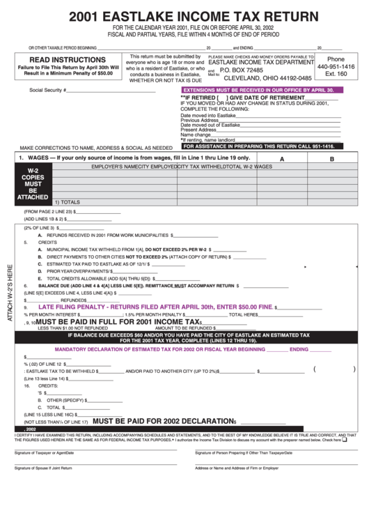 2001 Eastlake Income Tax Return Form - Cleveland, Ohio Income Tax Department Printable pdf