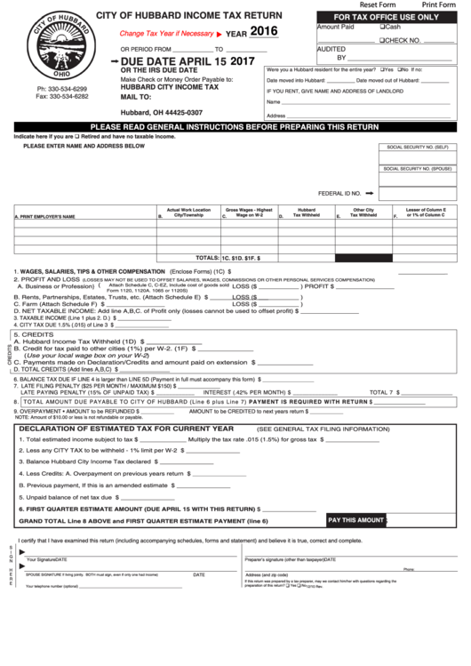 Fillable City Of Hubbard Income Tax Return Form - 2016 Printable pdf