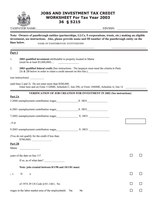 Jobs And Investment Tax Credit Worksheet - 2003 Printable pdf
