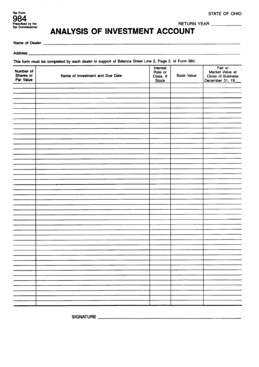 Form 984 - Analysis Of Investment Account Printable pdf
