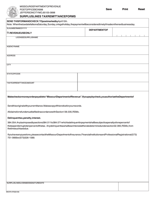 Fillable Form S - Surplus Lines Tax Remittance - Missouri Department Of Revenue Printable pdf