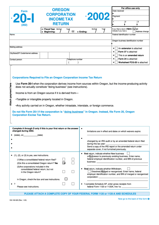 Form 20-I - Oregon Corporation Income Tax Return - 2002 Printable pdf