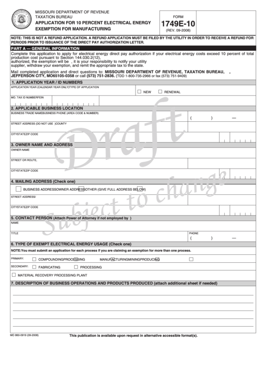 Form 1749e-10 Draft - Application For 10 Percent Electrical Energy Exemption For Manufacturing - 2008 Printable pdf