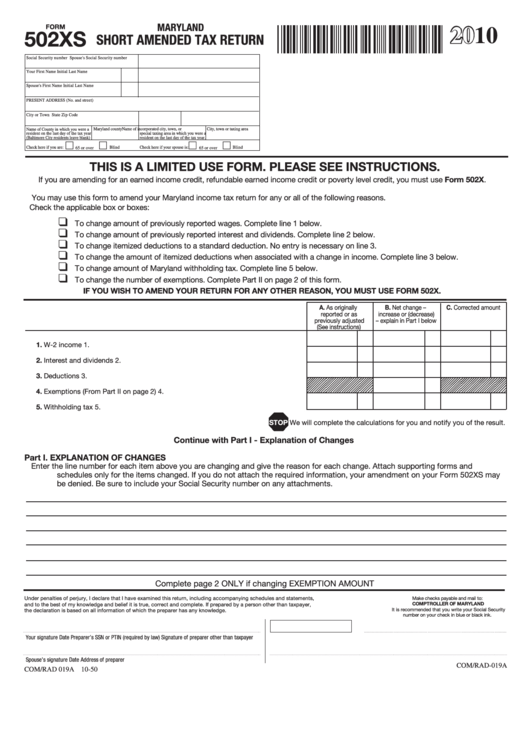 Fillable Form 502xs - Maryland Short Amended Tax Return - 2010 Printable pdf
