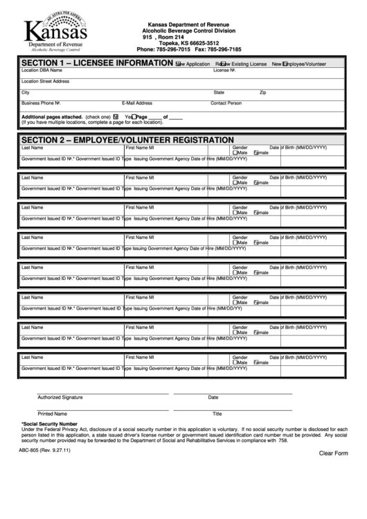 Fillable Form Abc-805 - Licensee Information And Employee/volunteer Registration Printable pdf