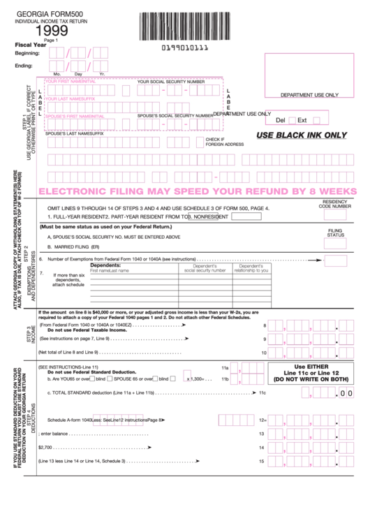Georgia Form 500 -Individual Income Tax Return - 1999 Printable pdf